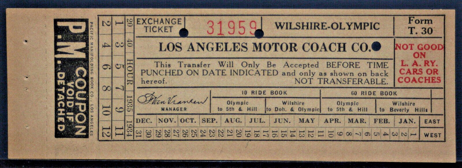 Los Angeles Coach Co – Wilshire-Olympic 1934-35 Transfer Ticket EPH229