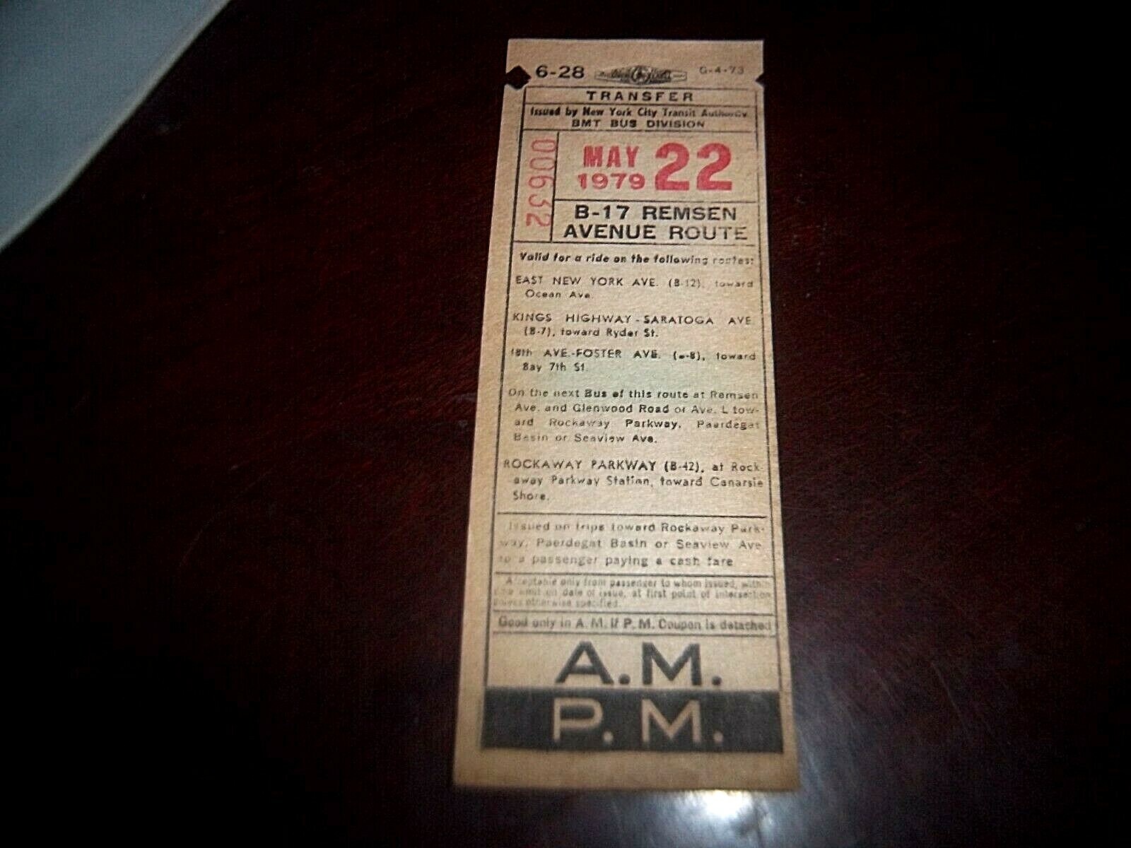 NYC BROOKLYN BUS TRANSFER 1979 REMSEN AVENUE EAST NEW YORK FOSTER ROCKAWAY AVE