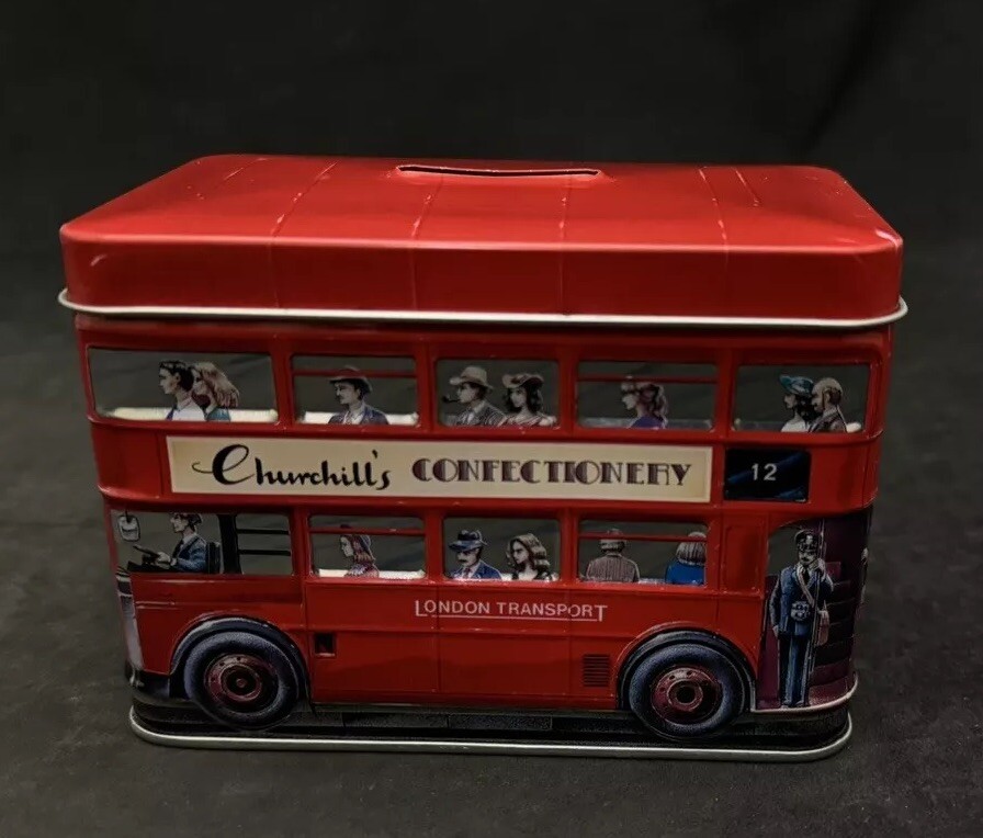 Churchill’s Confectionery London Transport Double Decker Red Bus Tin Coin Bank