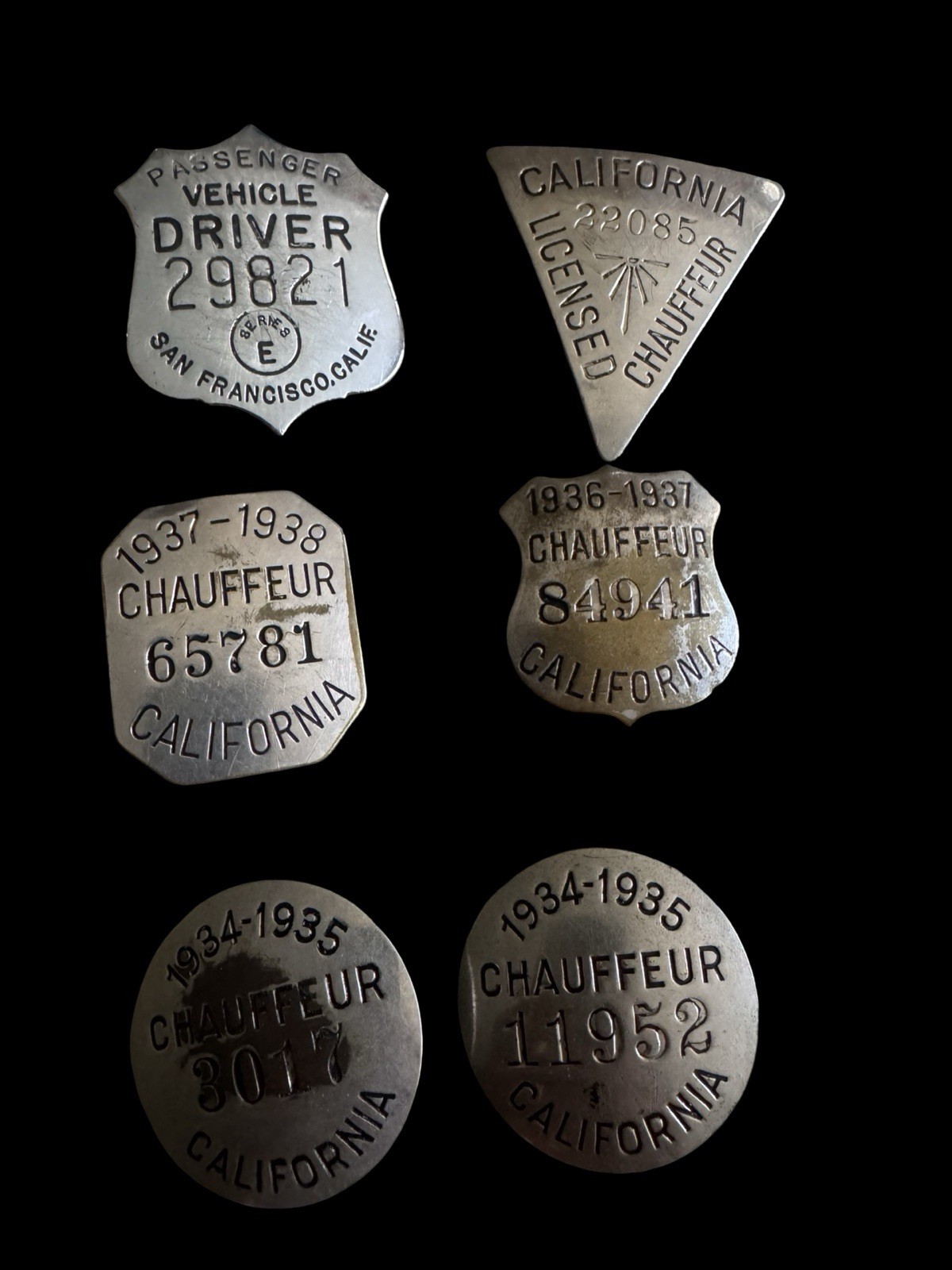 Set Of 30s California DRIVER BADGES SAN FRANCISCO PASSENGER Driver/ Chauffeur 6