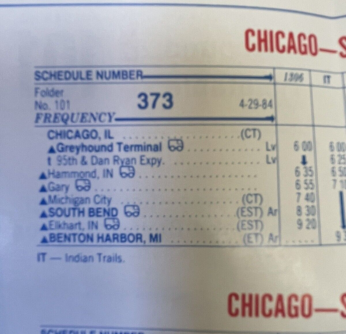 Greyhound Bus Time Table Folder 101 Vintage Chicago Benton Harbor IL 1984