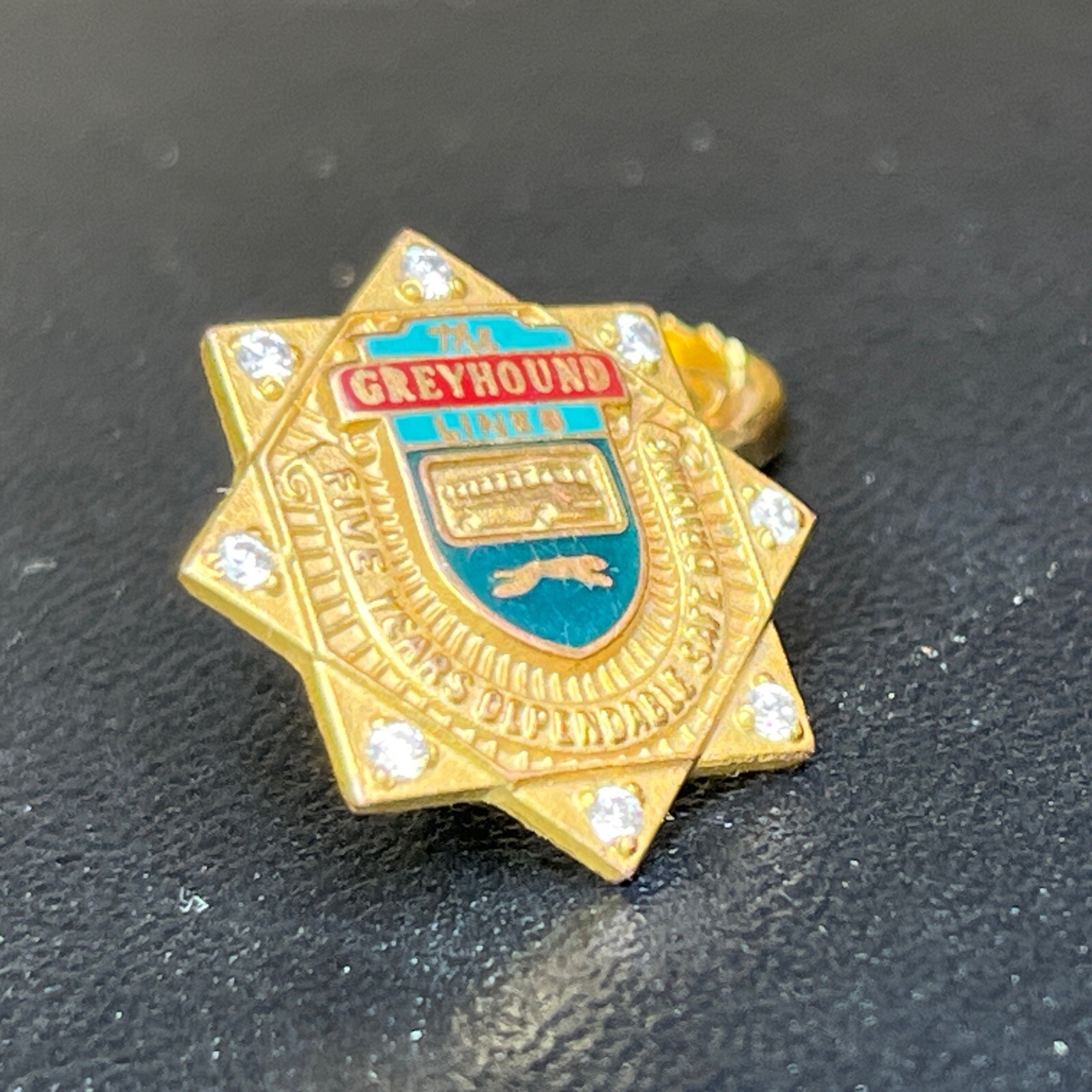 The Greyhound Lines Five Year Dependable Safe Driver Award Pin 8 Chip Diamonds