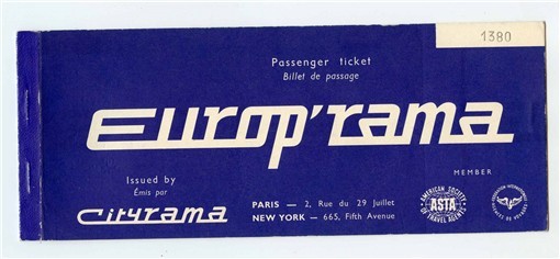 Europ’rama Passenger Ticket Paris to Naples 1965 Issued by Cityrama
