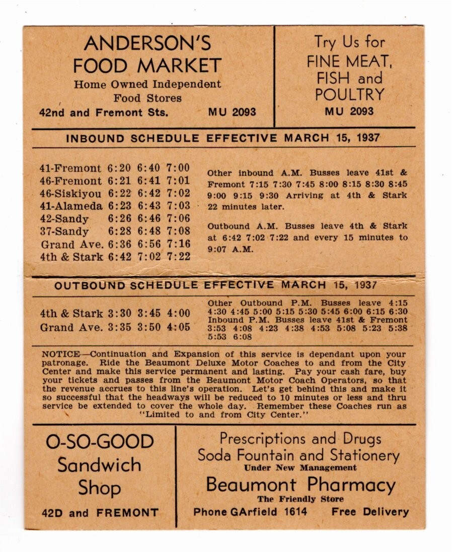 Time Card, sched, Beaumont-Rossmere motor coach, PORTLAND TRACTION CO, OR, 1937