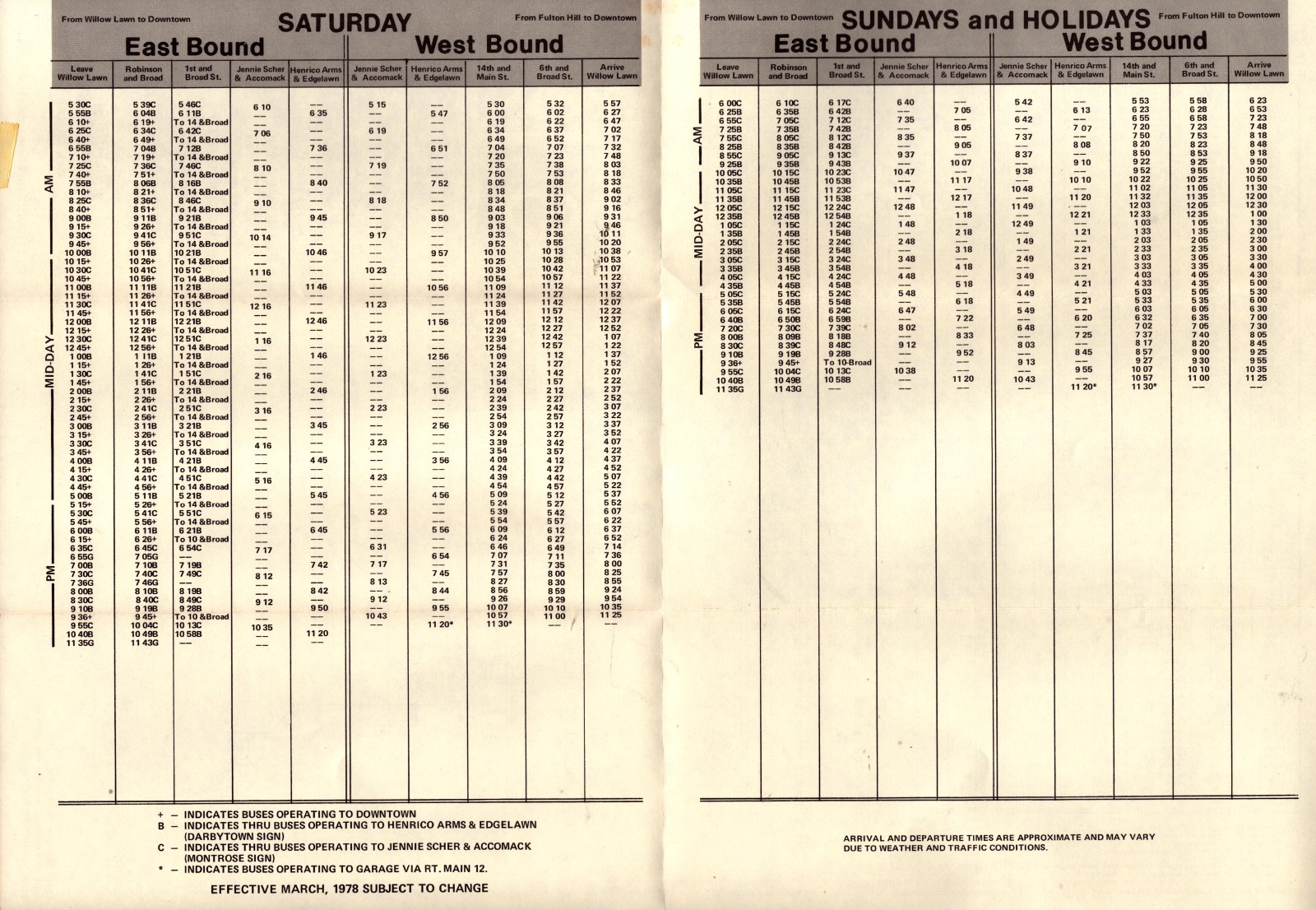 1978 Greater Richmond Transit Bus Timetable Route 6 52 53 Broad Main St