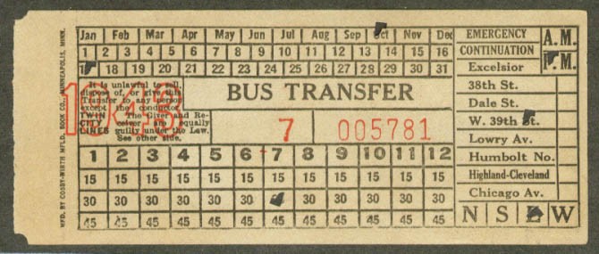 Twin City Lines MN Bus transfer 1943