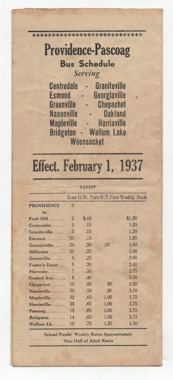The Interstate Lines Providence Pascoag Route Tri-Fold Timetable 1937