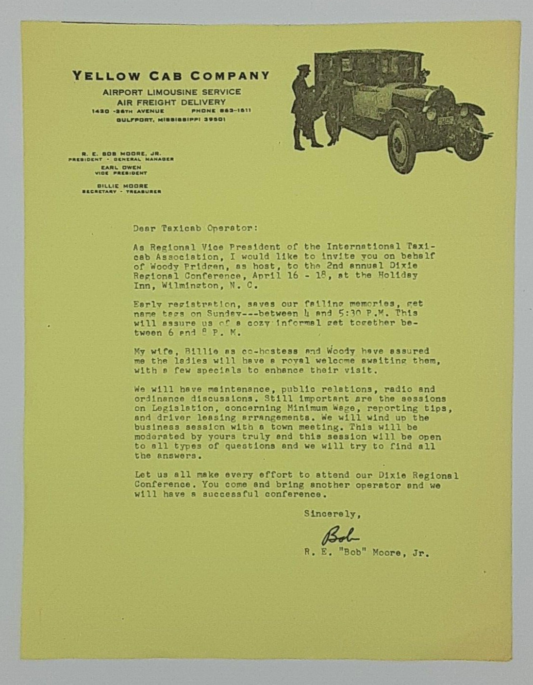 Yellow Cab Company Letterhead Vintage Auto Ephemera Gulfport Mississippi