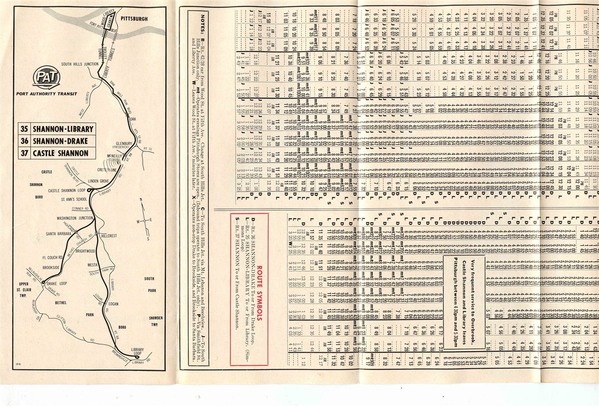 Port Authority Transit Time Table Pittsburgh Pennsylvania South Hills 1967