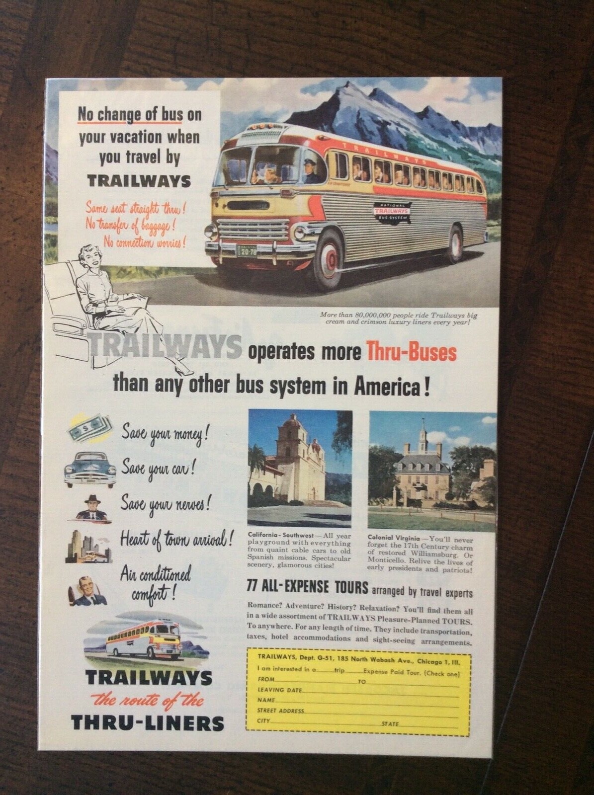 1951 vintage original Print ad Trailways Bus Line Luxury Liner
