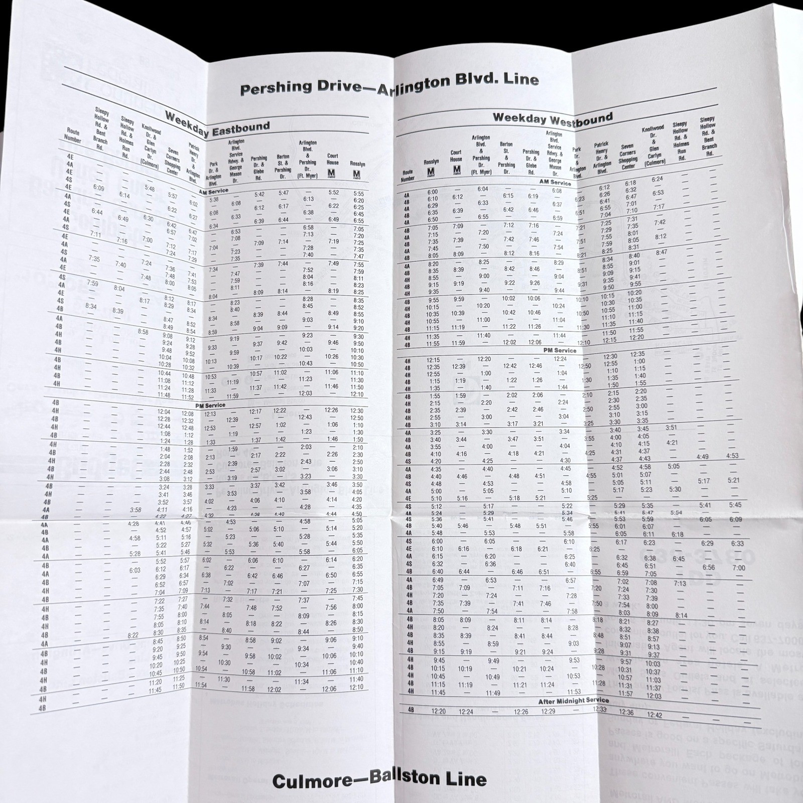 WMATA Bus Schedule Route 4 Pershing Drive 1986 Arlington Culmore Line Washington