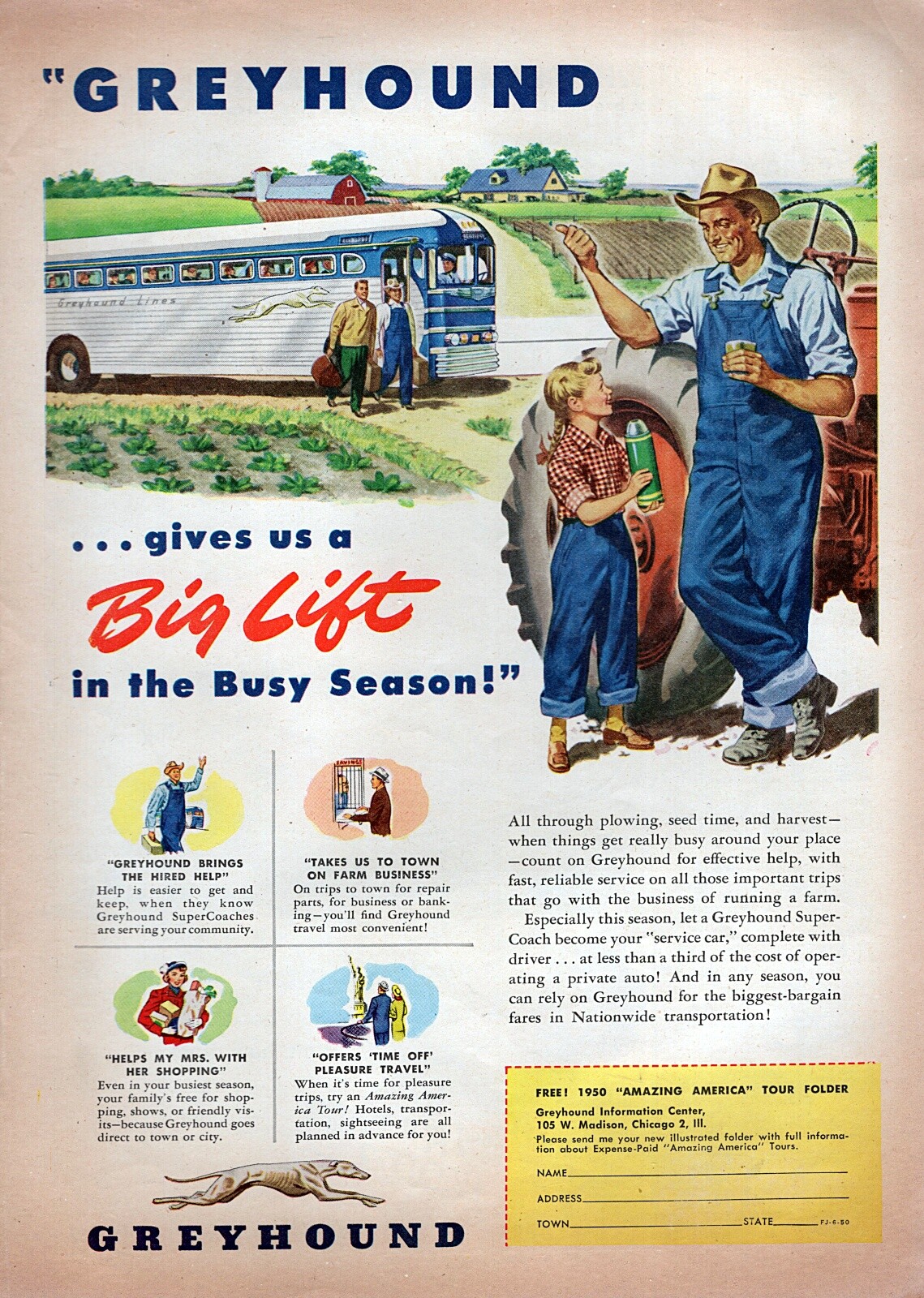 1950 Greyhound Bus Farm Tractor Dad Son Original Color Print Ad