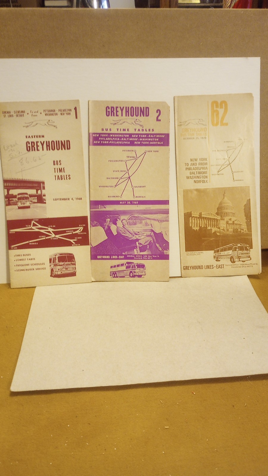 3 Vintage 1968, 1969 & 1970 Greyhound Bus Eastern Timetables