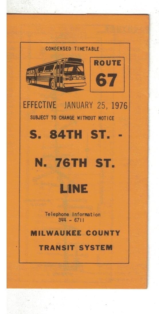 1976 Milwaukee WI Bus Schedule and Route Map Rte 67