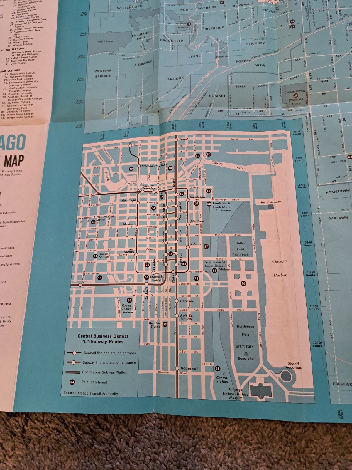 Vintage 1965 Chicago Transit Map CTA Bus L El
