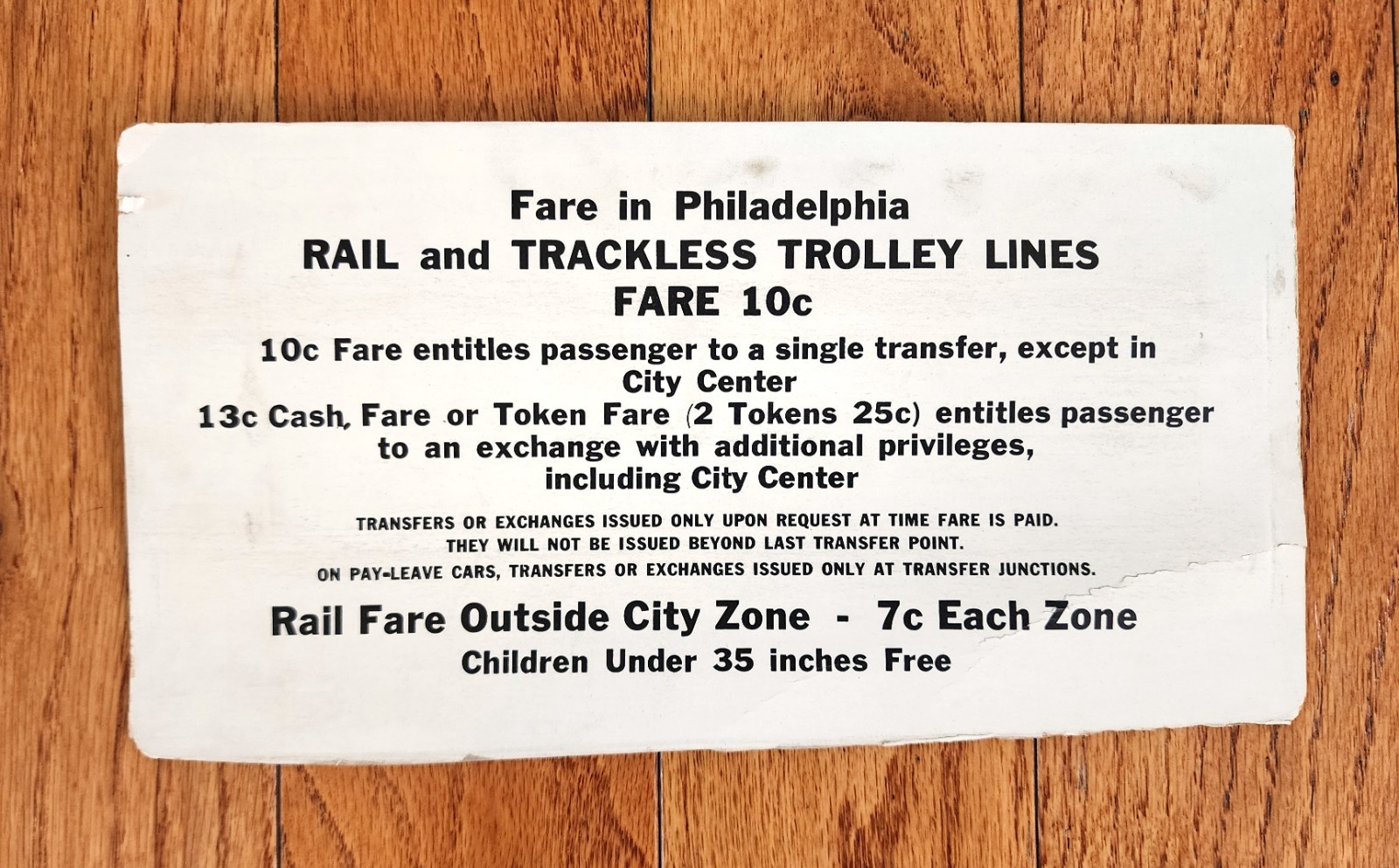 VINTAGE PHILADELPHIA TROLLEY BUS STREETCAR FARE CARD SIGN PTC SEPTA PENNSYLVANIA