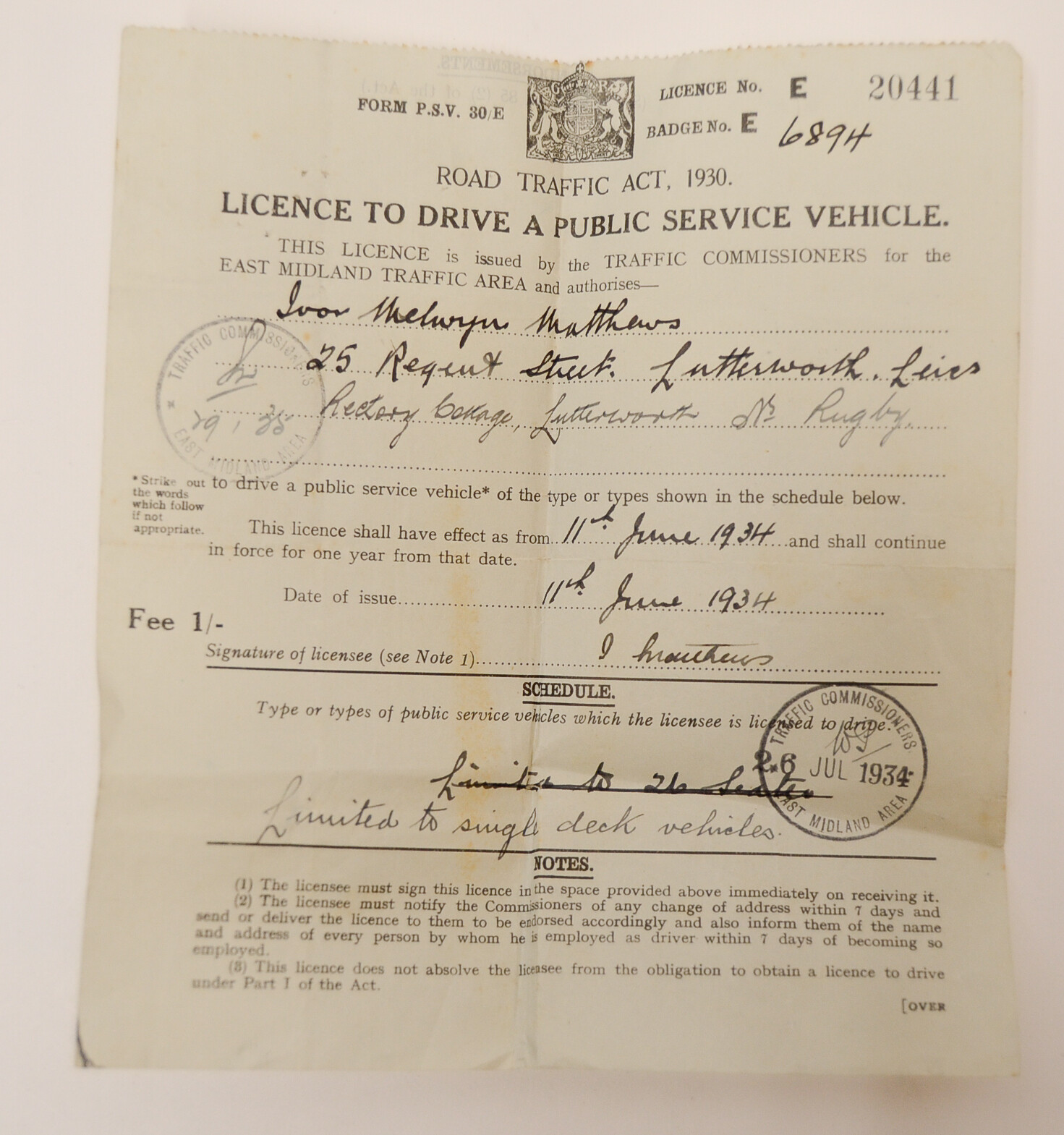 1930’s Commercial Bus License Public Vehicle Permit England Lutterworth Vintage