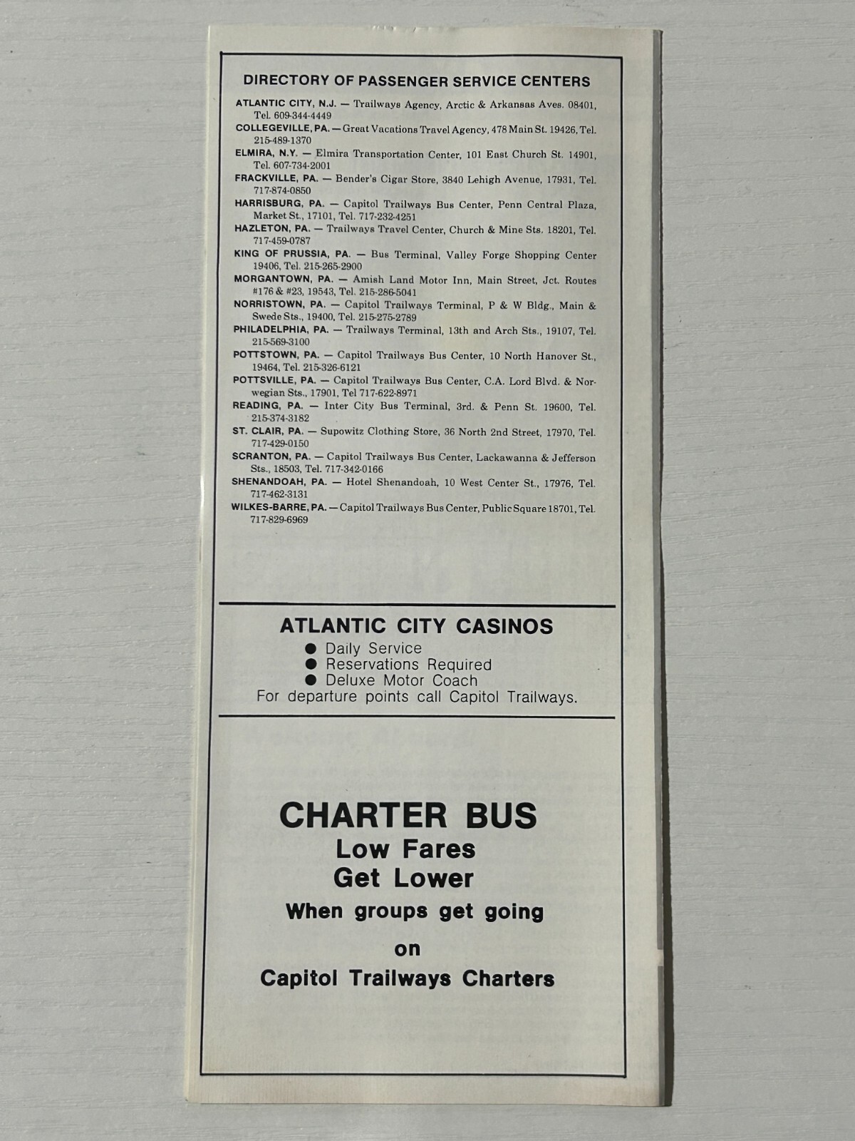 Capitol Trailways Motor Coach Bus Schedule 1981 Philadelphia Reading Buffalo ABA