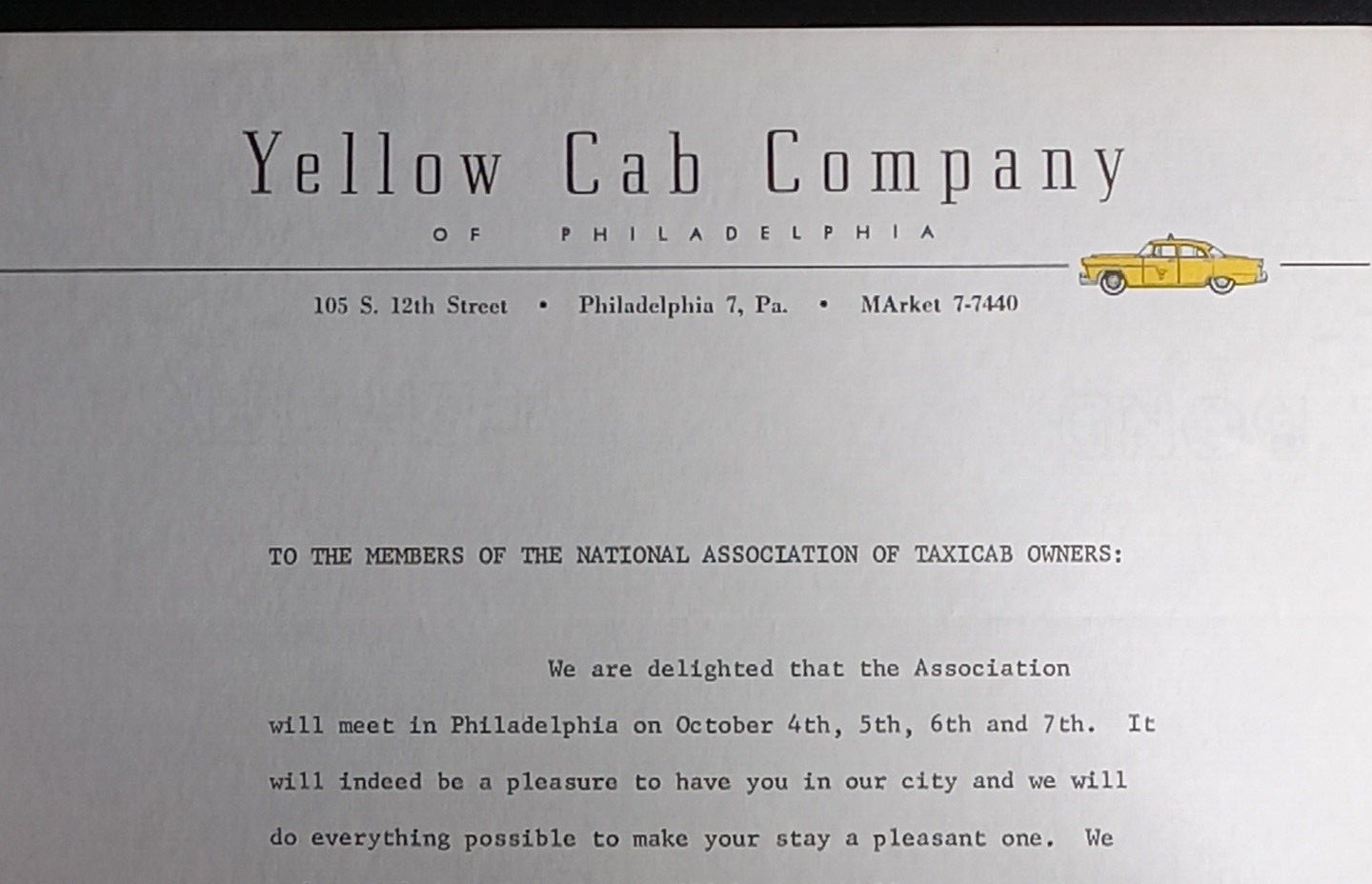 Philadelphia PA Yellow Cab Company Letterhead Vintage 1950’s