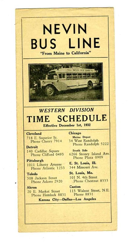 Nevin Bus Line Western Division Time Schedule 1932 Chicago Detroit St Louis