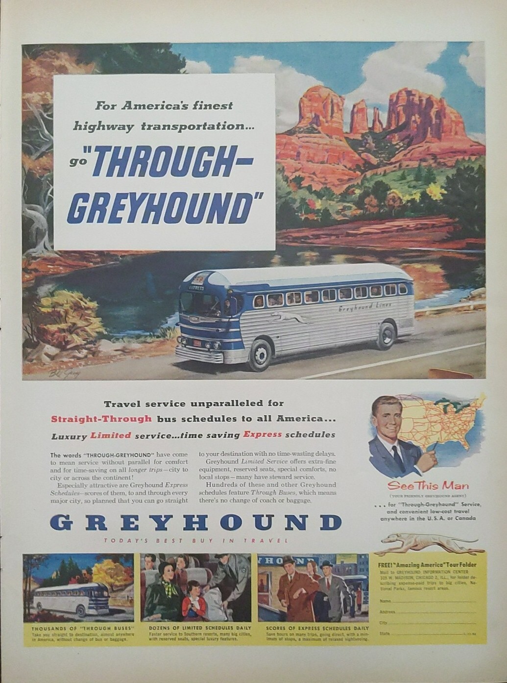 1952 Greyhound Print Ad With Cathedral Rock, Sedona Arizona