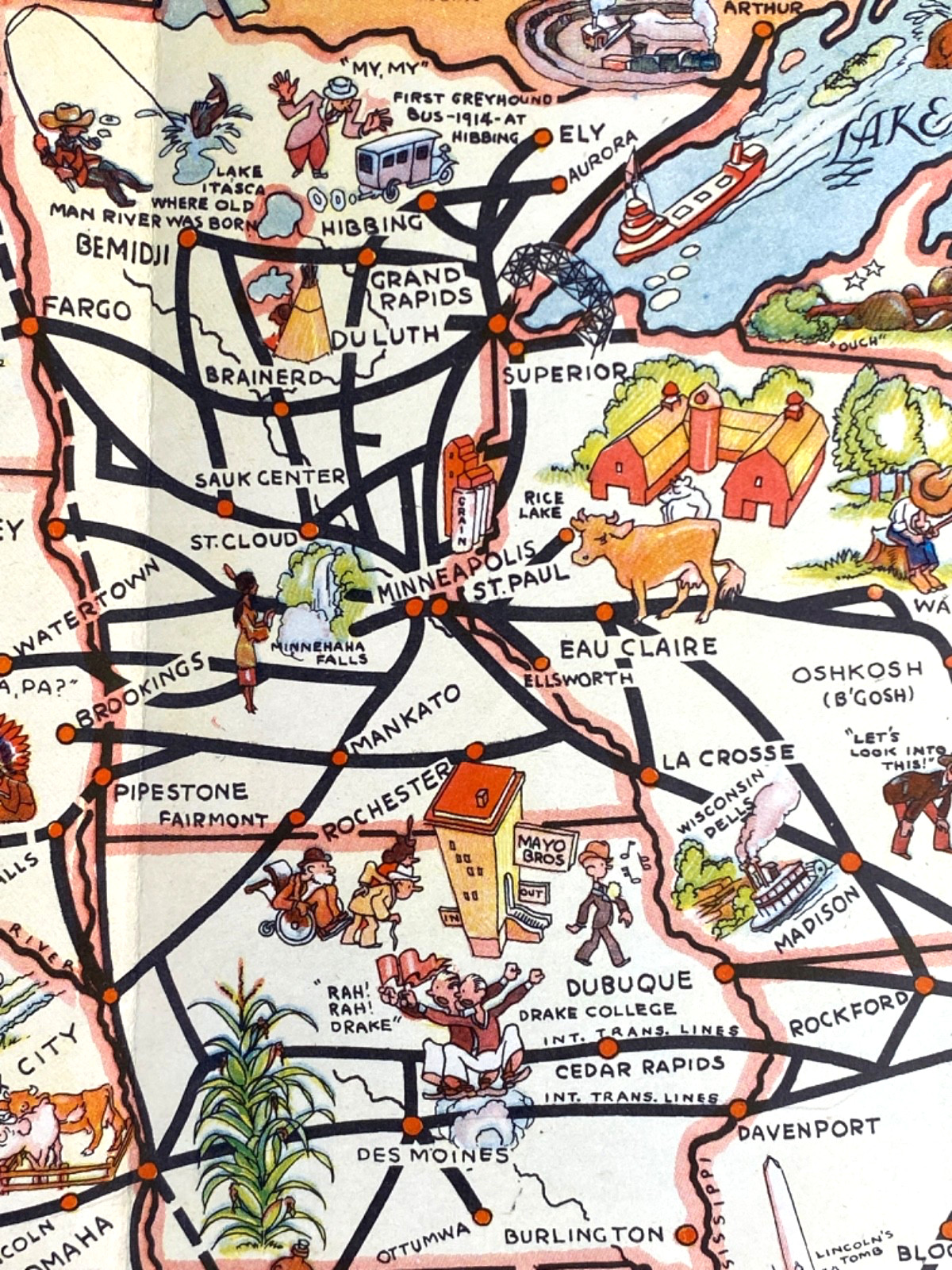 1933 HUGE CARTOON MAP OF U.S.A. – 20″x 30″ full-color poster GREYHOUND BUS LINES