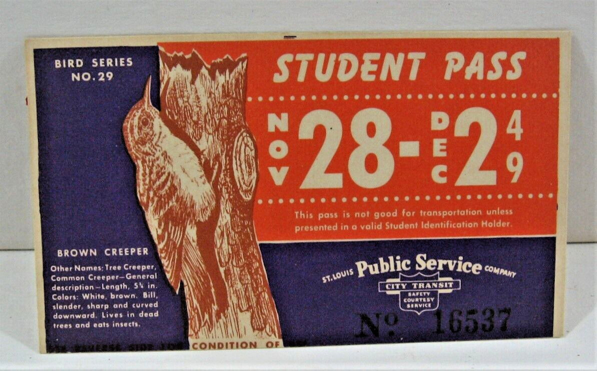 1949 St Louis Public Sedvice Co Student Bus Pass Brown Creeper Bird St Louis Mo