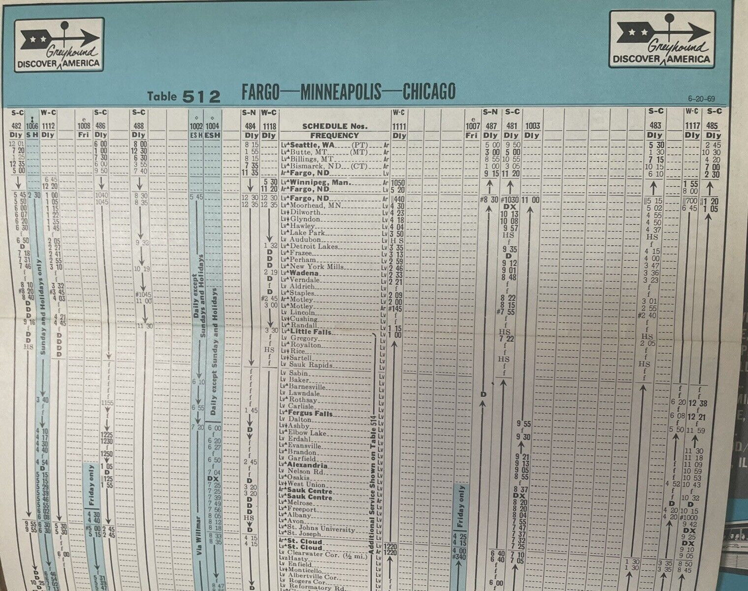 1969 Go Greyhound BUS Schedule Time Tables 2 & 64 Chicago Winnipeg Lot of 2
