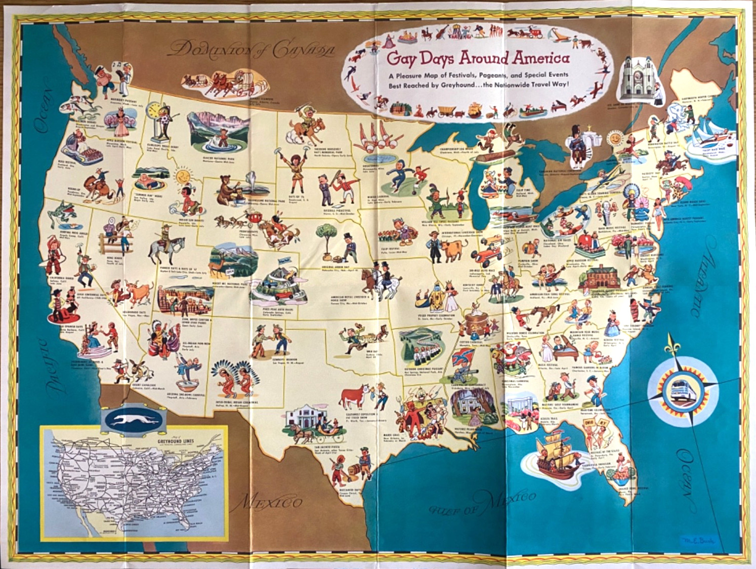 1949 GREYHOUND BUS LINES advertising brochure 18″x 24″ CARTOON MAP POSTER OF USA