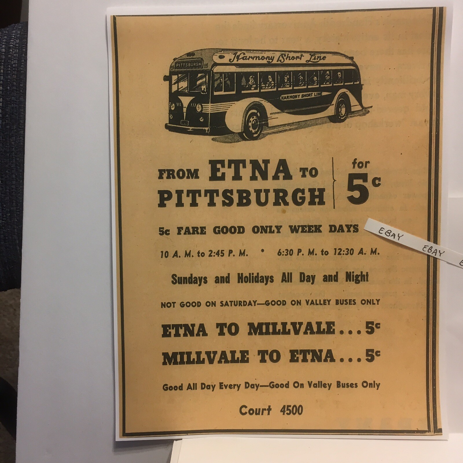 1941 Harmony Short Line Bus Service Etna To Pittsburgh, Millvale 5 Cents Fare Ad