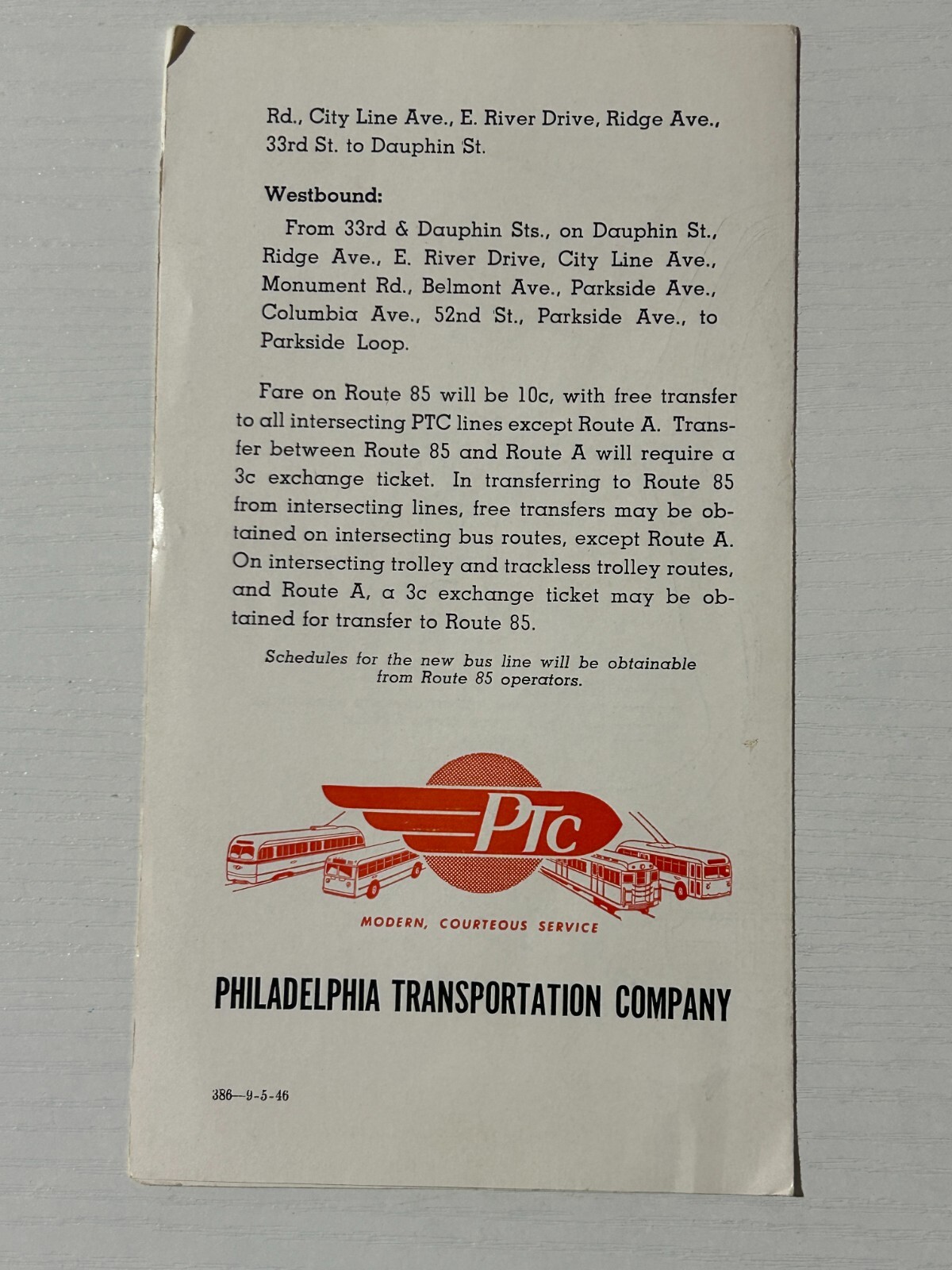 Vintage Fairmount Park Bus Line Route 85 Schedule Timetable PTC Philadelphia