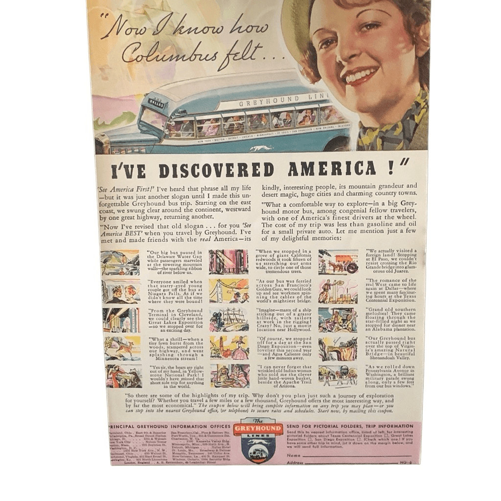 Vintage 1936 Greyhound I’ve Discovered America Ad Advertisement