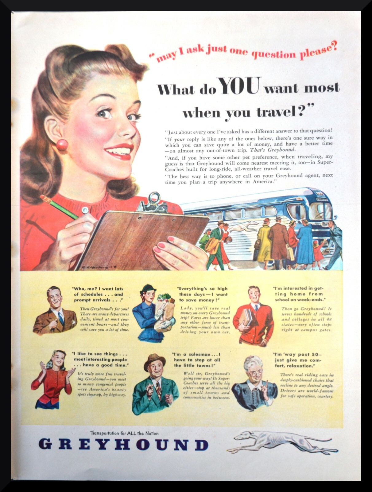 Lot of 6 1948 1949 Greyhound Bus Vintage Print Ads ORIGINALS