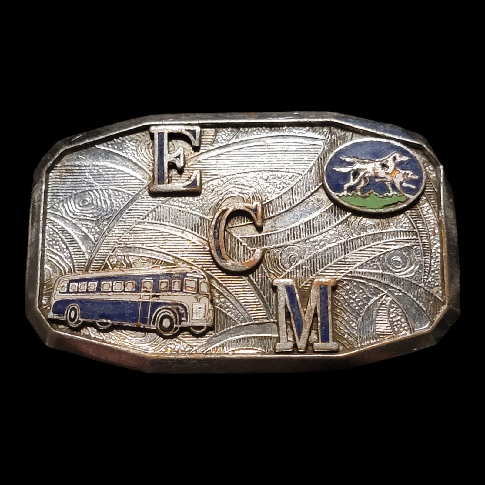 1950s Belt Buckle Challenger Bus ECM Initials With American Flag Metal Hook-Fast