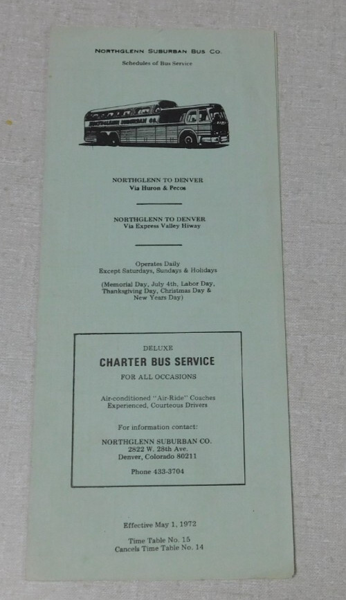 1972 Northglenn Suburban bus passenger timetable Northglenn Denver Colorado