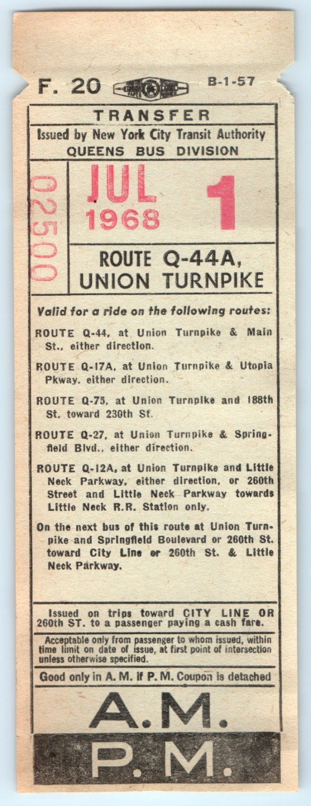 Bus Ticket NYCTA Queens Q-44A Union Turnpike Jul 1 1968 F-20 New York