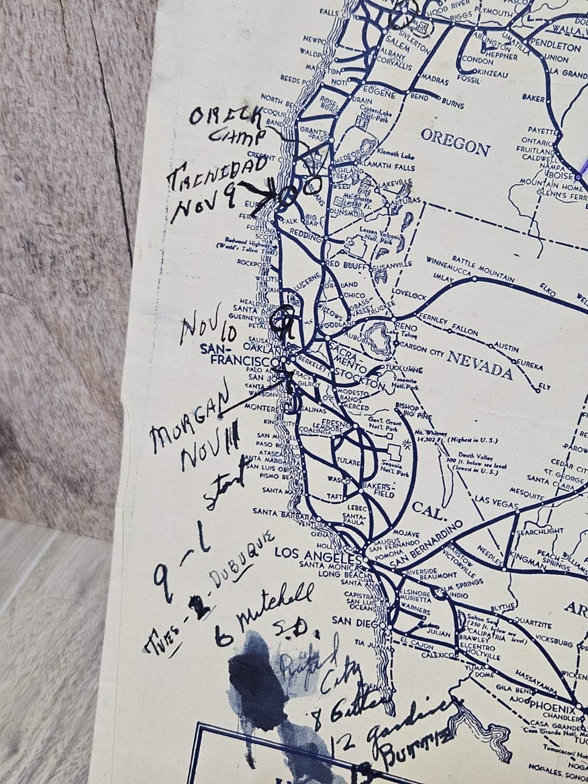 Vintage Pacific Greyhound Lines Route Map Timetable Handwritten Trip Notes USA