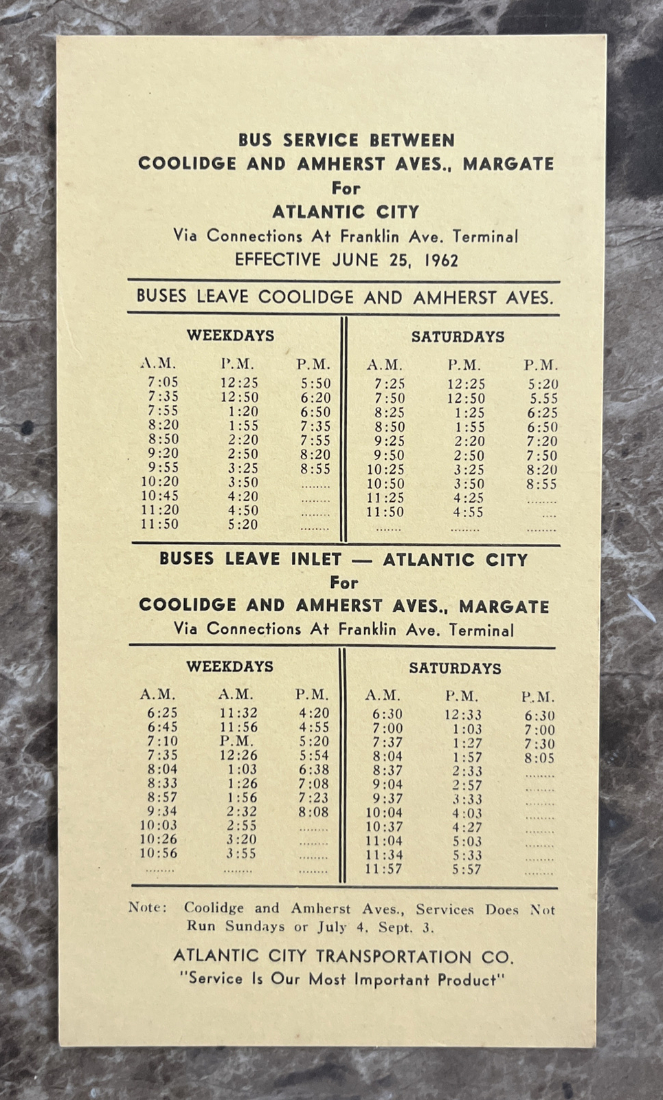 June 25, 1962 Atlantic City Transportation Company Margate AC Bus Schedule