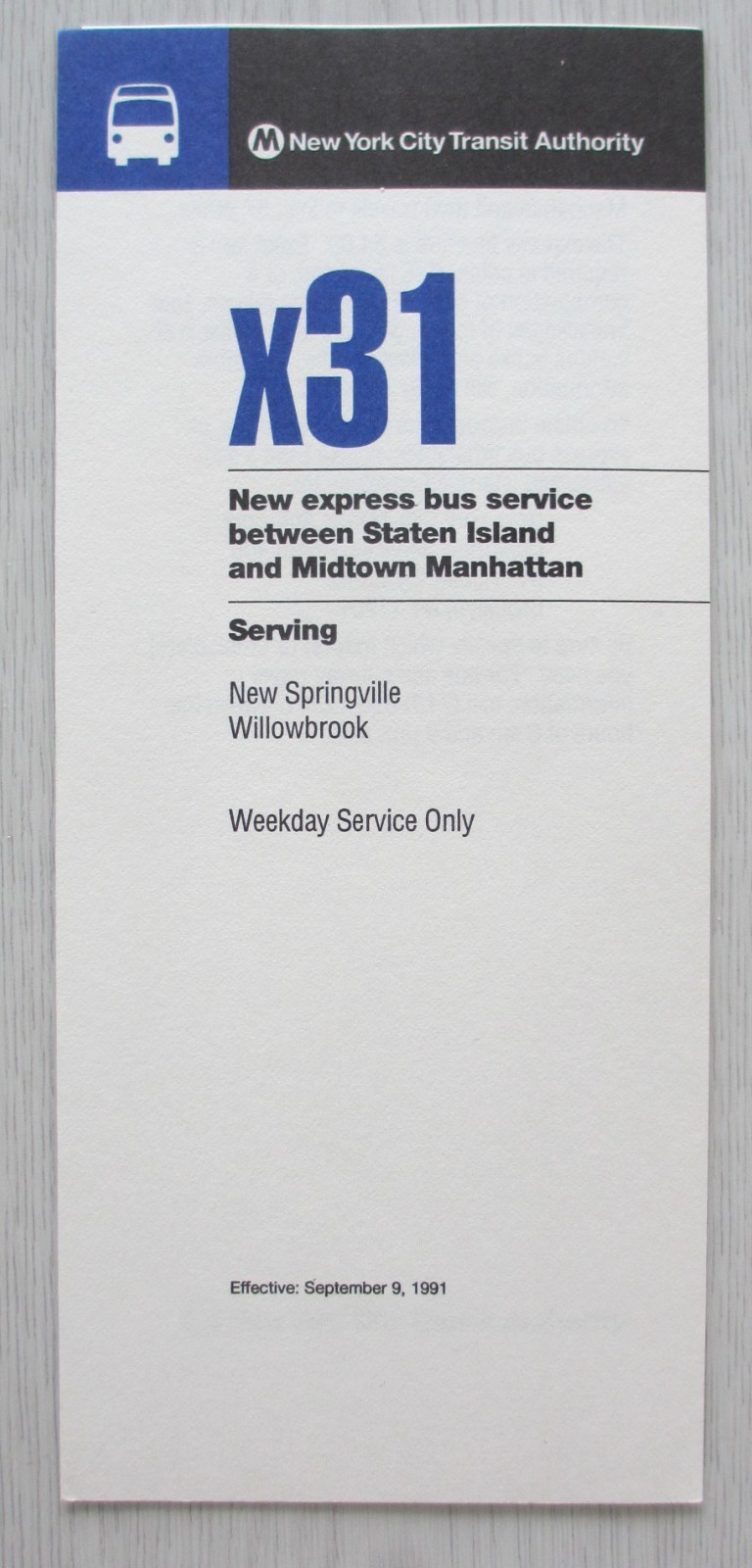 Vintage 1991 New York City X31 Staten Island Manhattan Express Bus Timetable NYC
