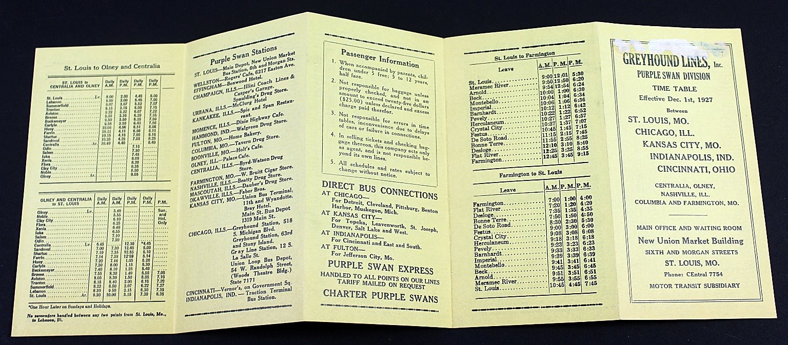 Greyhound Lines Purple Swan Division Time Table St. Louis to Chicago Dec 1 1927