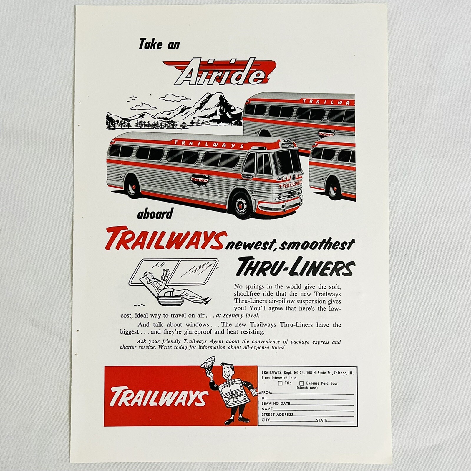 Vintage 1954 Trailways Bus Line Thru Liners Air Ride Magazine Print Ad 7″ x 10″