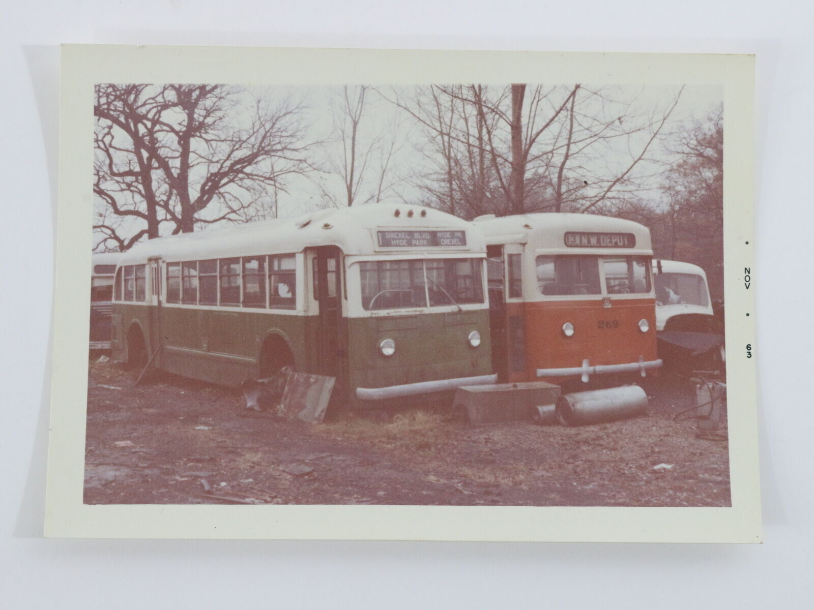 Two Retired Buses Orange 269 & Green Drexel Hyde Color Bus Photo Nov 1963 5″