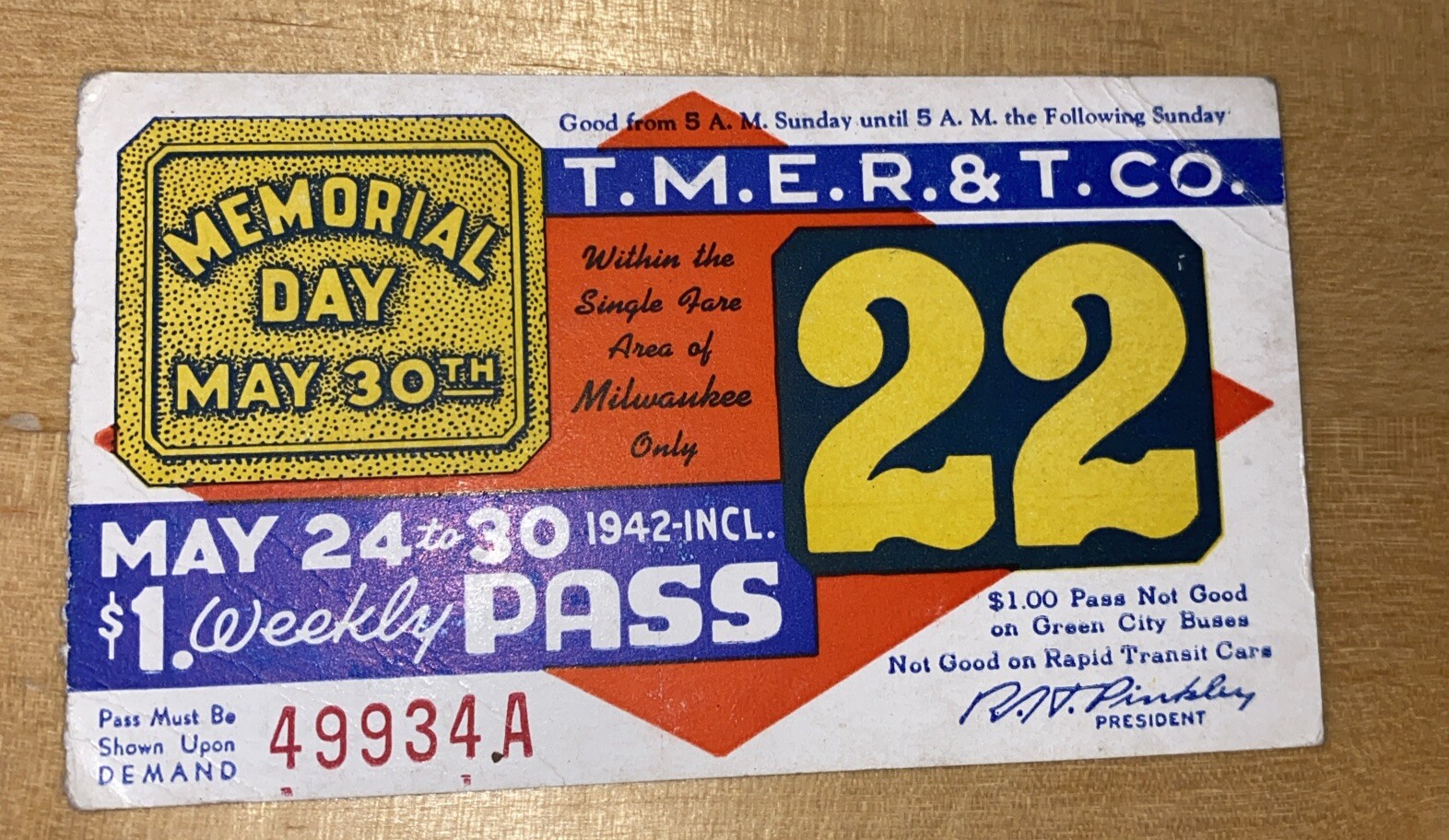 1942 Memorial Day #22 Wisconsin Railway TRANSIT BUS Pass