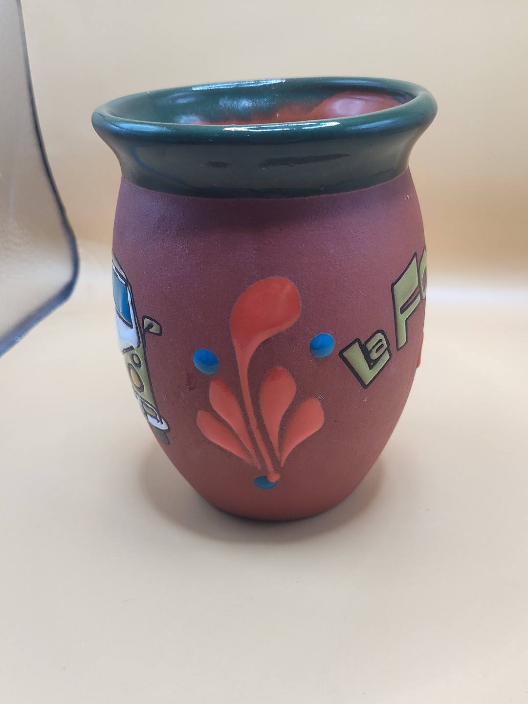 Vintage 5″ La Fortaleza Terra Cotta Enameled Pot Volkswagon Bus Car Bug Vase