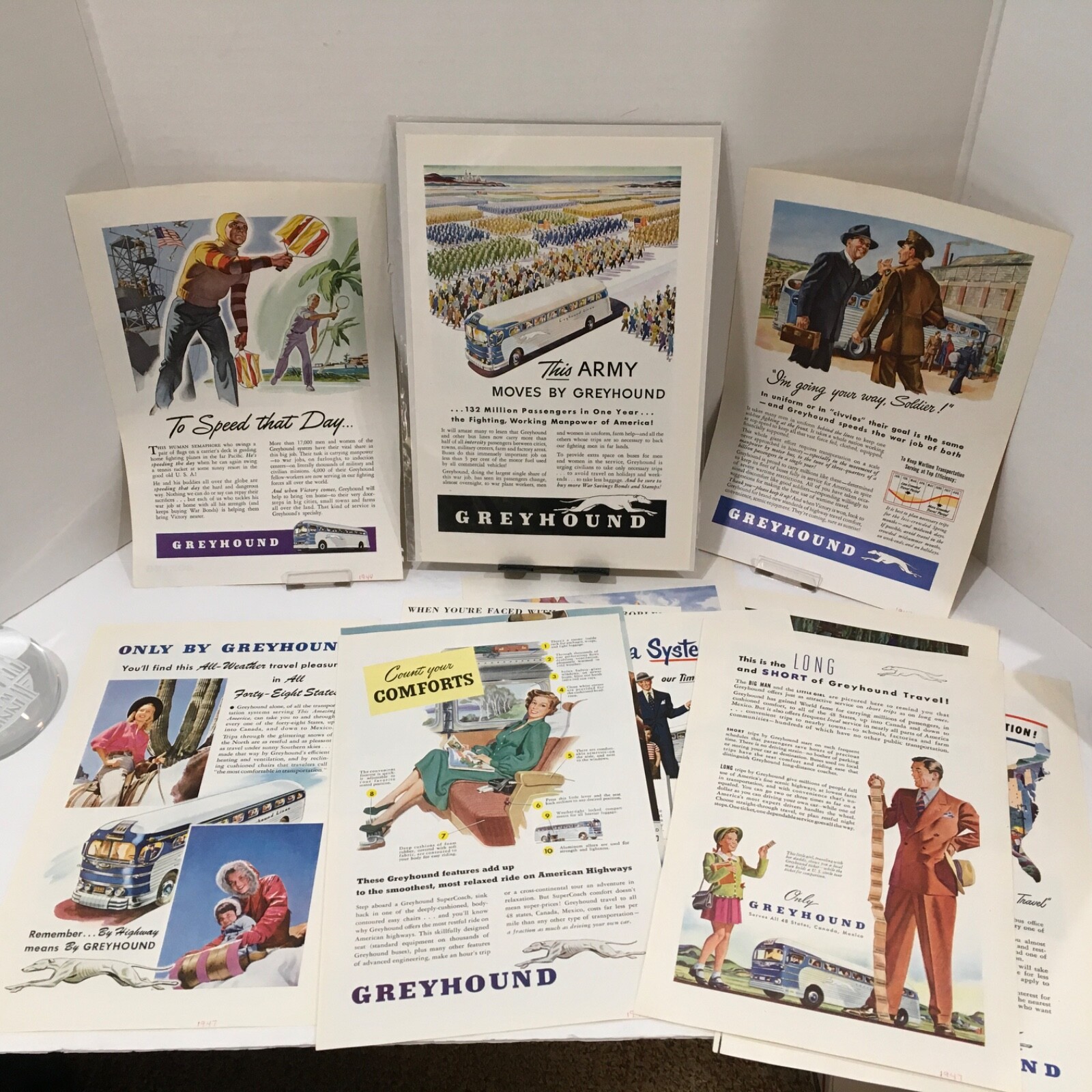 Magazine Advertising -1943-1949 Greyhound Bus Lines 12 Great Colorful Pages