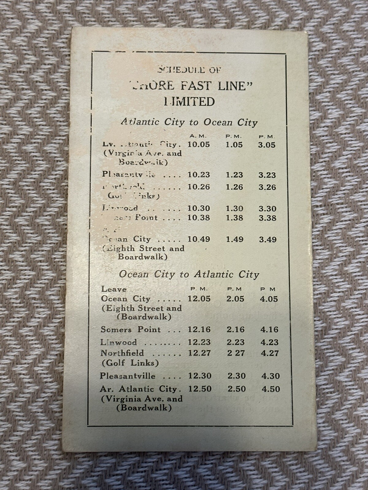 March 20, 1920 Atlantic City And Shore Railroad Co. PARLOR CAR SERVICE SCHEDULE