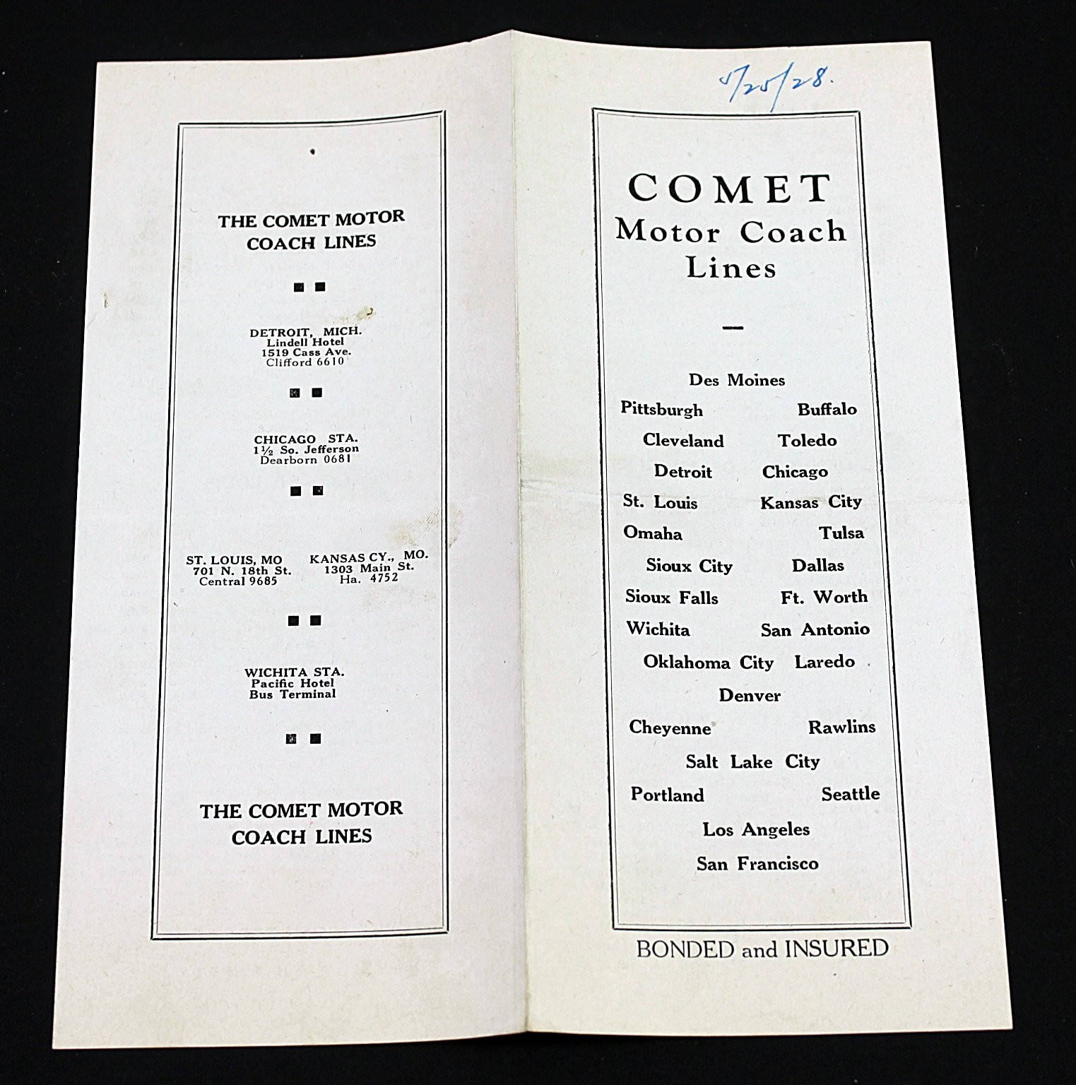 Comet Motor Coach Lines Timetable Schedule May 25, 1928 Midwestern US Routes