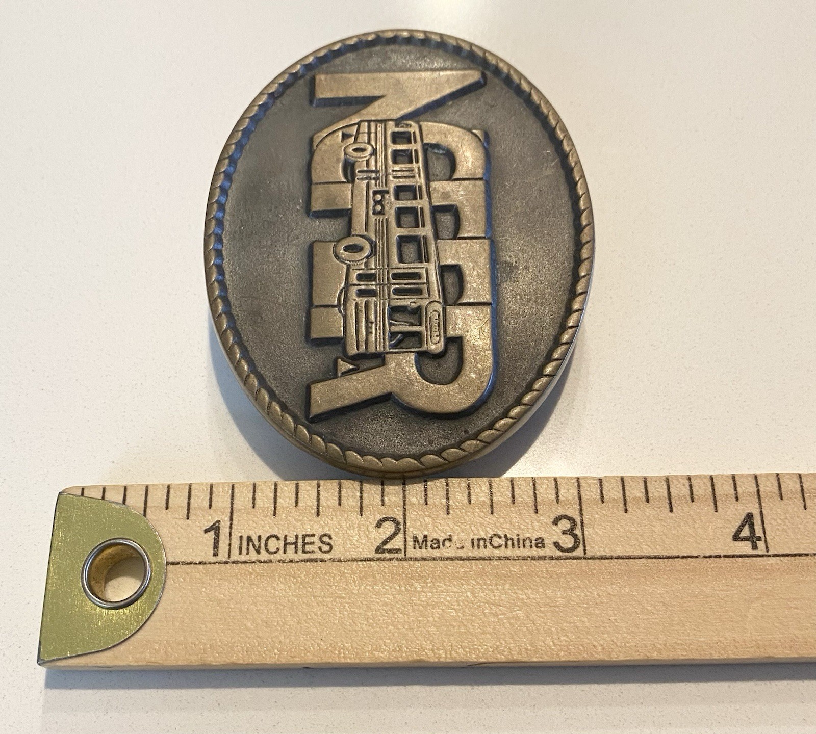 Vintage 1994 Brass Belt Buckle Bay Area Hand Made Bus Logo. Good Condition.