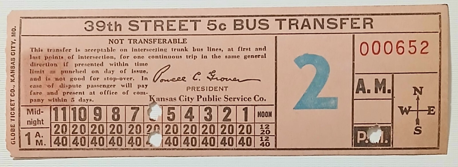 1930s Kansas City Public Service Co. Bus Ticket 39th Street 5c Bus Transfer