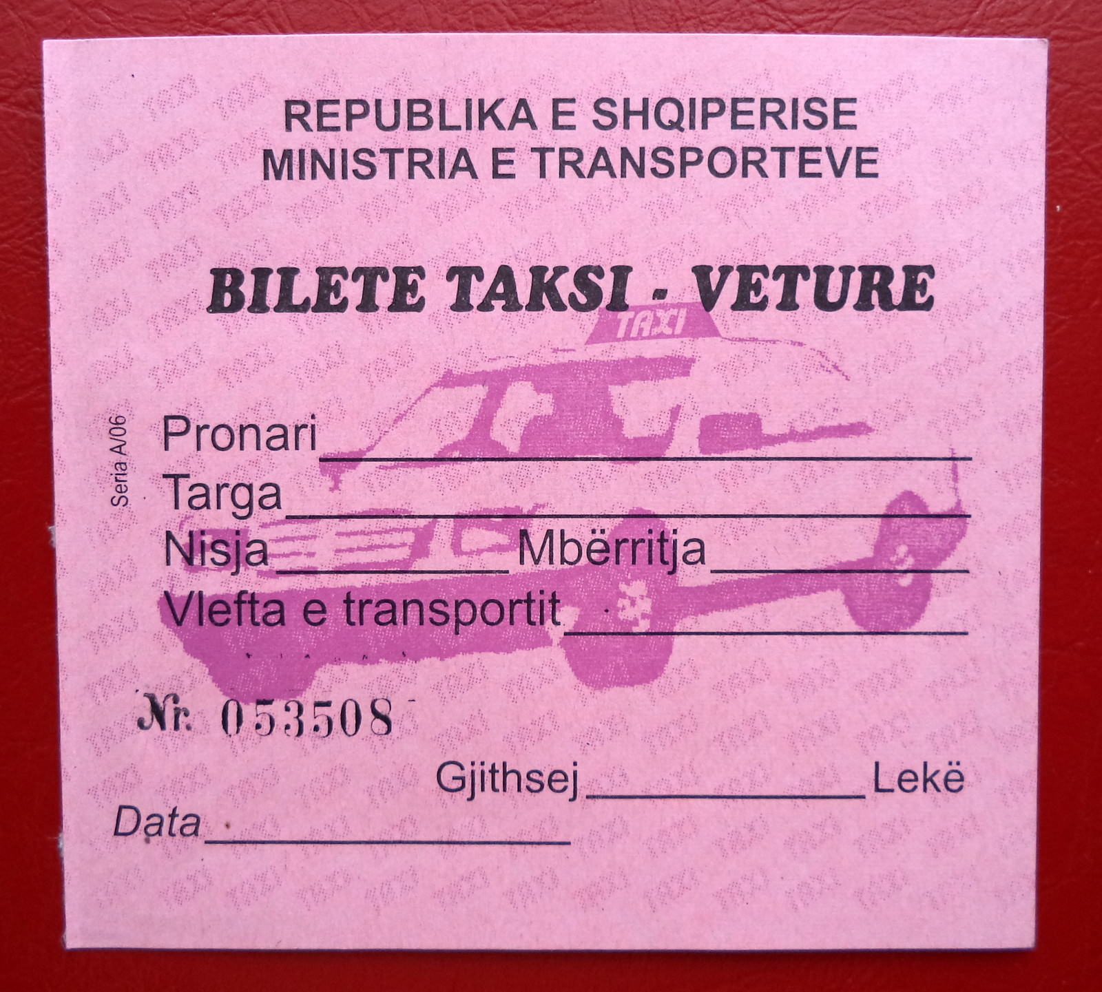 Vintage Taxi Ticket from Albania. Unused